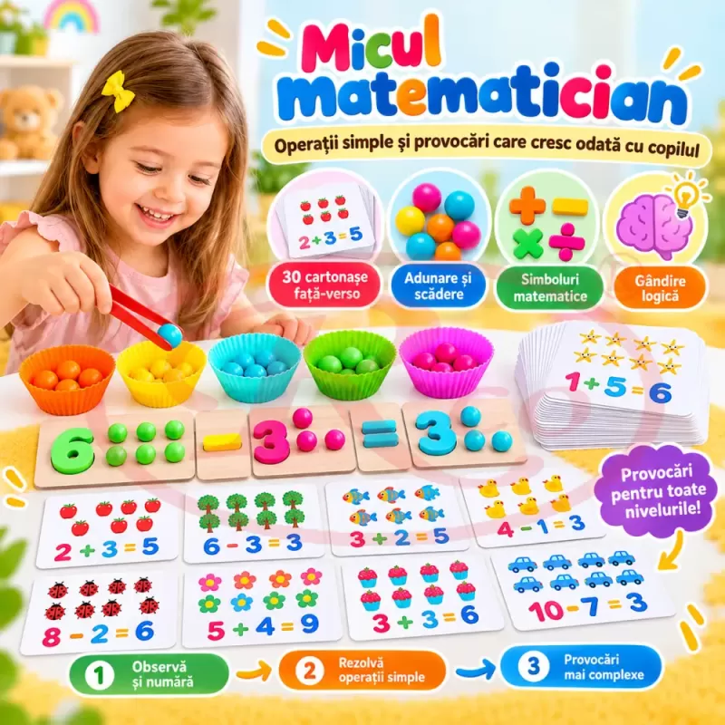 Joc Montessori cu cifre de la 1 la 10, 50 de bilute colorate, planse numerice si accesorii de sortare