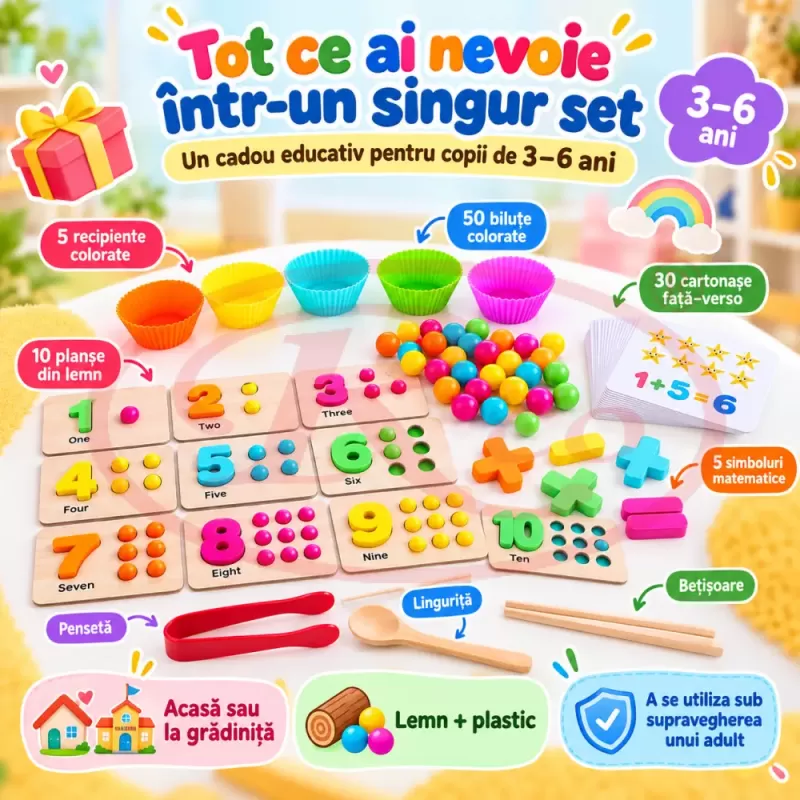 Joc Montessori cu cifre de la 1 la 10, 50 de bilute colorate, planse numerice si accesorii de sortare