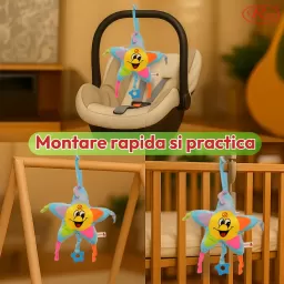 Jucarie muzicala pentru bebelusi din plus RCO, cu mecanism de tragere si agatatoare, Steluta Albastra, 26 cm, +0 luni