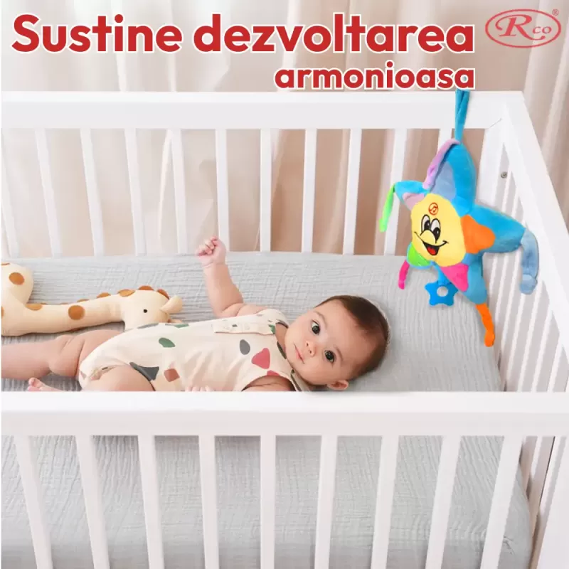 Jucarie muzicala pentru bebelusi din plus RCO, cu mecanism de tragere si agatatoare, Steluta Albastra, 26 cm, +0 luni