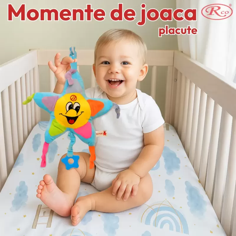 Jucarie muzicala pentru bebelusi din plus RCO, cu mecanism de tragere si agatatoare, Steluta Albastra, 26 cm, +0 luni