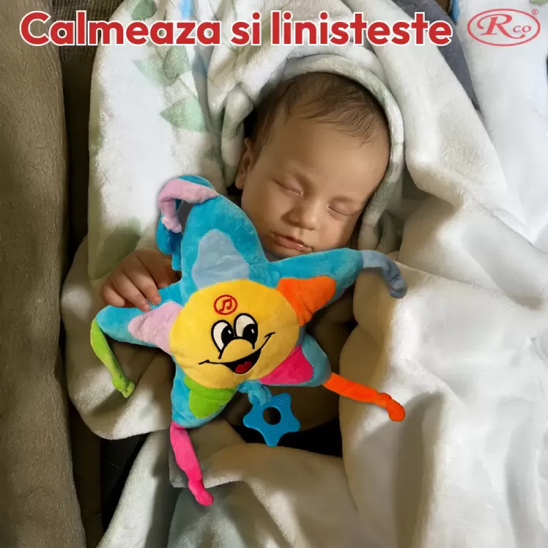 Jucarie muzicala pentru bebelusi din plus RCO, cu mecanism de tragere si agatatoare, Steluta Albastra, 26 cm, +0 luni