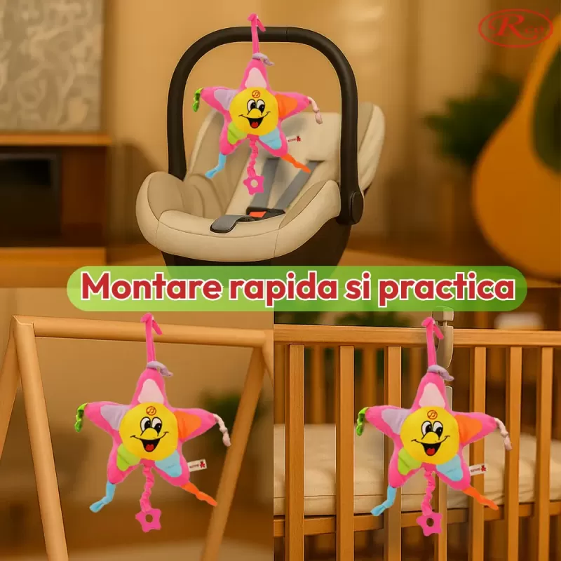 Jucarie muzicala pentru bebelusi din plus RCO, cu mecanism de tragere si agatatoare, Steluta Roz, 26 cm, +0 luni