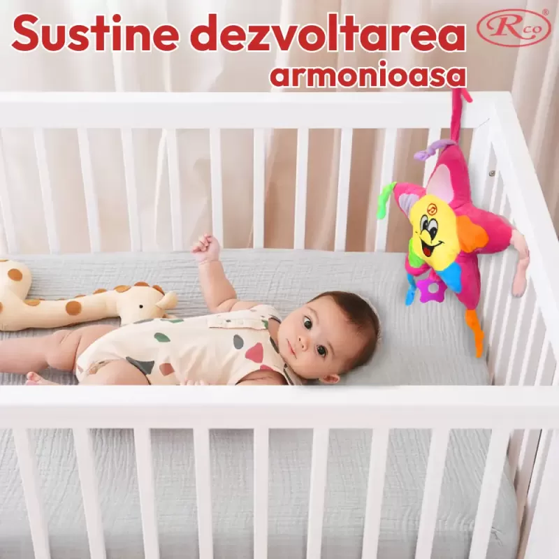 Jucarie muzicala pentru bebelusi din plus RCO, cu mecanism de tragere si agatatoare, Steluta Roz, 26 cm, +0 luni