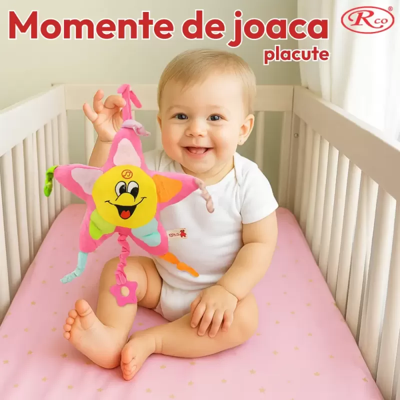 Jucarie muzicala pentru bebelusi din plus RCO, cu mecanism de tragere si agatatoare, Steluta Roz, 26 cm, +0 luni