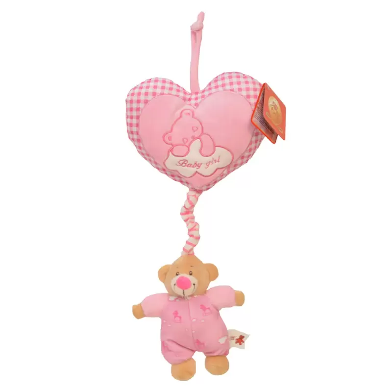 Jucarie muzicala din plus RCO pentru bebelusi, cu activare delicata si agatatoare, Ursulet cu Inimioara Roz, 32 cm