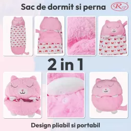Jucarie de plus 2 in 1 Perna/Sac de dormit pisicuta Bella, Pliabil, Portabil,135x50cm, Gri, 3-6 ani