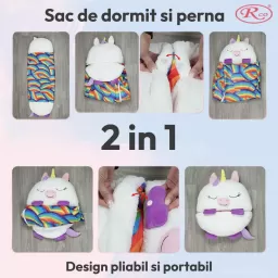 Jucarie de plus 2 in 1 Perna/Sac de dormit inorogul Rhora, Pliabil, Portabil,135x50cm, Gri, 3-6 ani