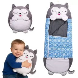 Jucarie de plus 2 in 1 Perna/Sac de dormit Zeta, Pliabil, Portabil,135x50cm, Gri, 3-6 ani