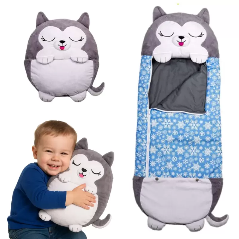 Jucarie de plus 2 in 1 Perna/Sac de dormit Zeta, Pliabil, Portabil,135x50cm, Gri, 3-6 ani