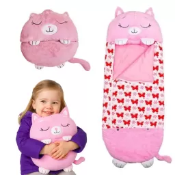 Jucarie de plus 2 in 1 Perna/Sac de dormit pisicuta Bella, Pliabil, Portabil,135x50cm, Gri, 3-6 ani