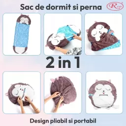 Jucarie de plus 2 in 1 Perna/Sac de dormit Zeta, Pliabil, Portabil,135x50cm, Gri, 3-6 ani