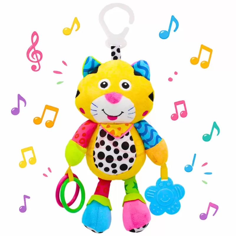 Jucarie muzicala RCO pentru bebelusi din plus, cu agatatoare, multiple melodii, Pisicuta, 26 cm, +0 luni