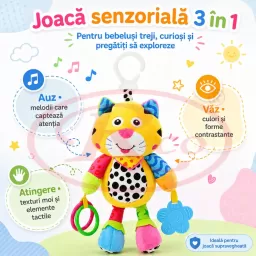 Jucarie muzicala RCO pentru bebelusi din plus, cu agatatoare, multiple melodii, Pisicuta, 26 cm, +0 luni
