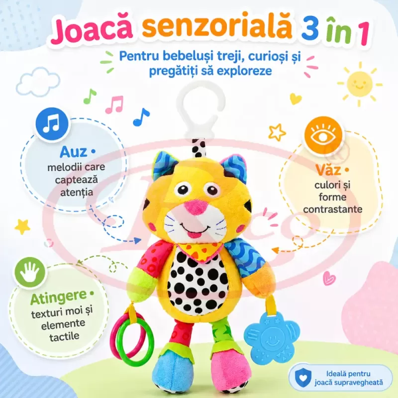 Jucarie muzicala RCO pentru bebelusi din plus, cu agatatoare, multiple melodii, Pisicuta, 26 cm, +0 luni