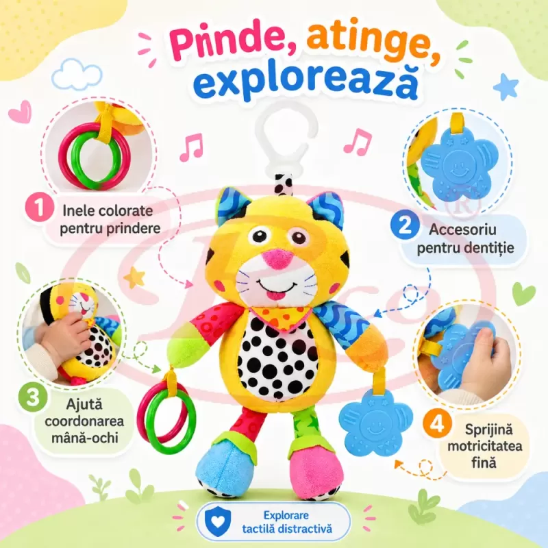 Jucarie muzicala RCO pentru bebelusi din plus, cu agatatoare, multiple melodii, Pisicuta, 26 cm, +0 luni