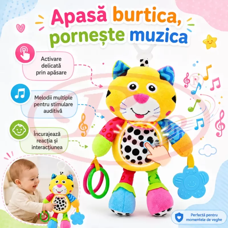 Jucarie muzicala RCO pentru bebelusi din plus, cu agatatoare, multiple melodii, Pisicuta, 26 cm, +0 luni