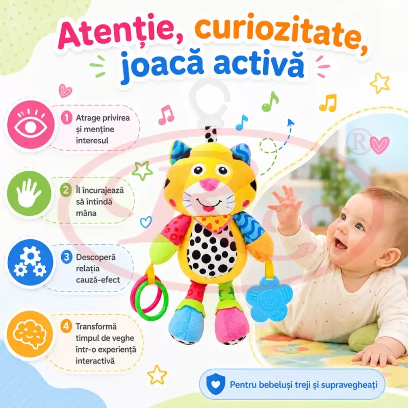 Jucarie muzicala RCO pentru bebelusi din plus, cu agatatoare, multiple melodii, Pisicuta, 26 cm, +0 luni