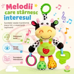 Jucarie muzicala RCO pentru bebelusi din plus, cu agatatoare, multiple melodii, Vacuta, 23 cm, +0 luni