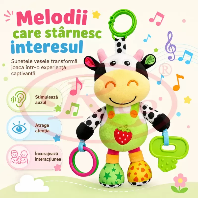 Jucarie muzicala RCO pentru bebelusi din plus, cu agatatoare, multiple melodii, Vacuta, 23 cm, +0 luni