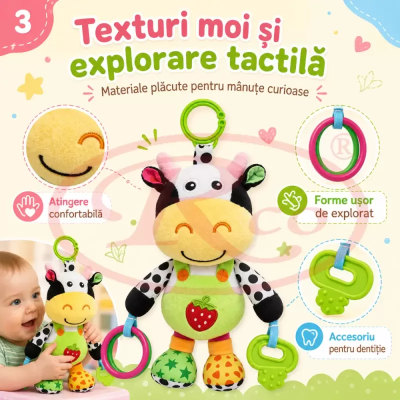 Jucarie muzicala RCO pentru bebelusi din plus, cu agatatoare, multiple melodii, Vacuta, 23 cm, +0 luni
