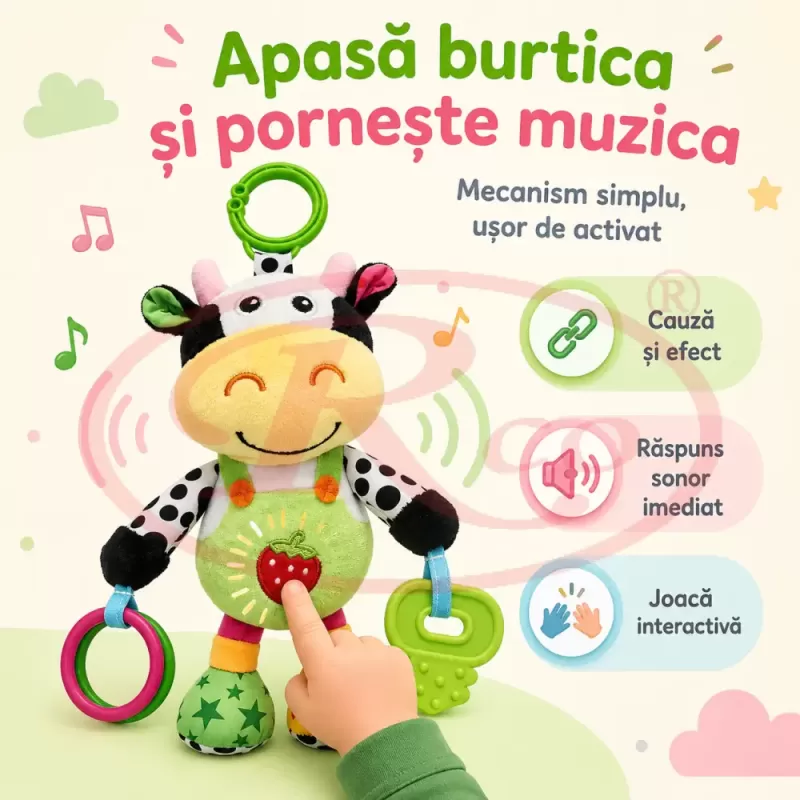Jucarie muzicala RCO pentru bebelusi din plus, cu agatatoare, multiple melodii, Vacuta, 23 cm, +0 luni