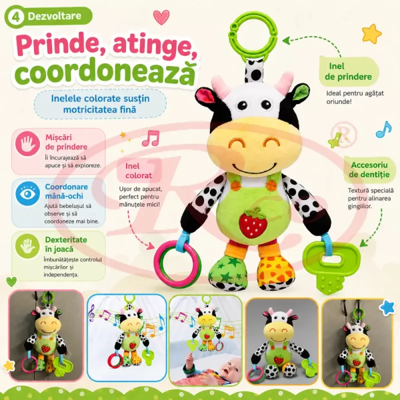 Jucarie muzicala RCO pentru bebelusi din plus, cu agatatoare, multiple melodii, Vacuta, 23 cm, +0 luni