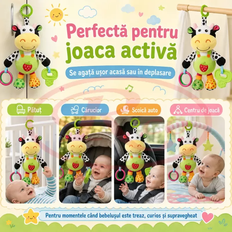 Jucarie muzicala RCO pentru bebelusi din plus, cu agatatoare, multiple melodii, Vacuta, 23 cm, +0 luni