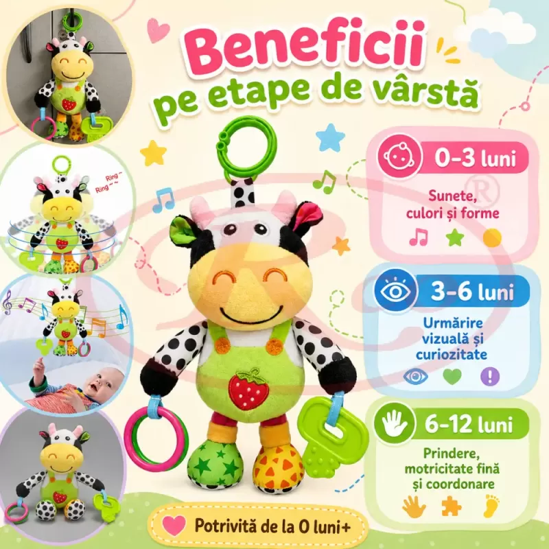 Jucarie muzicala RCO pentru bebelusi din plus, cu agatatoare, multiple melodii, Vacuta, 23 cm, +0 luni