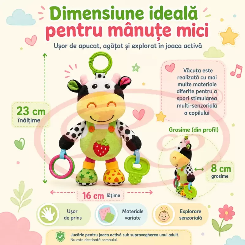 Jucarie muzicala RCO pentru bebelusi din plus, cu agatatoare, multiple melodii, Vacuta, 23 cm, +0 luni