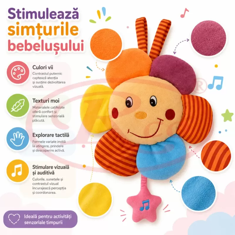 Jucarie muzicala din plus RCO cu agatatoare si activare delicata, 24cm, Floarea Soarelui