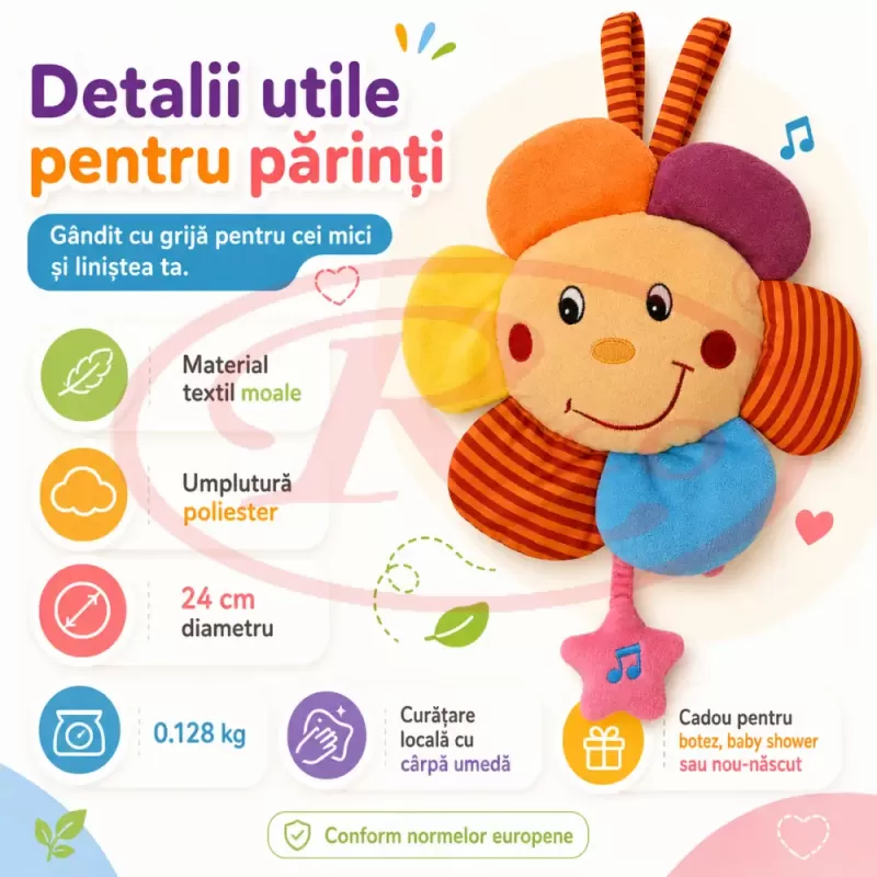 Jucarie muzicala din plus RCO cu agatatoare si activare delicata, 24cm, Floarea Soarelui