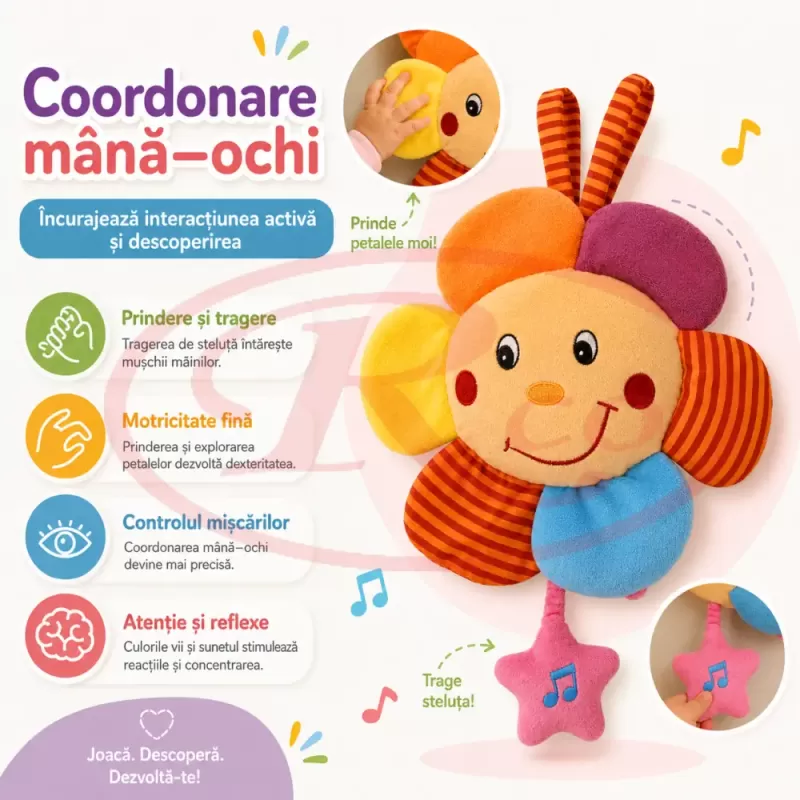 Jucarie muzicala din plus RCO cu agatatoare si activare delicata, 24cm, Floarea Soarelui