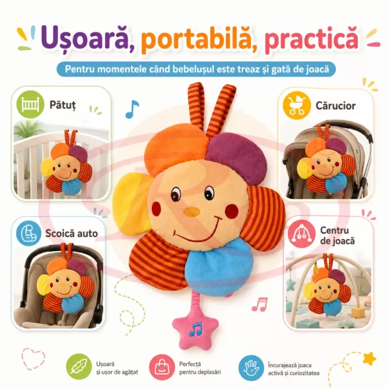 Jucarie muzicala din plus RCO cu agatatoare si activare delicata, 24cm, Floarea Soarelui