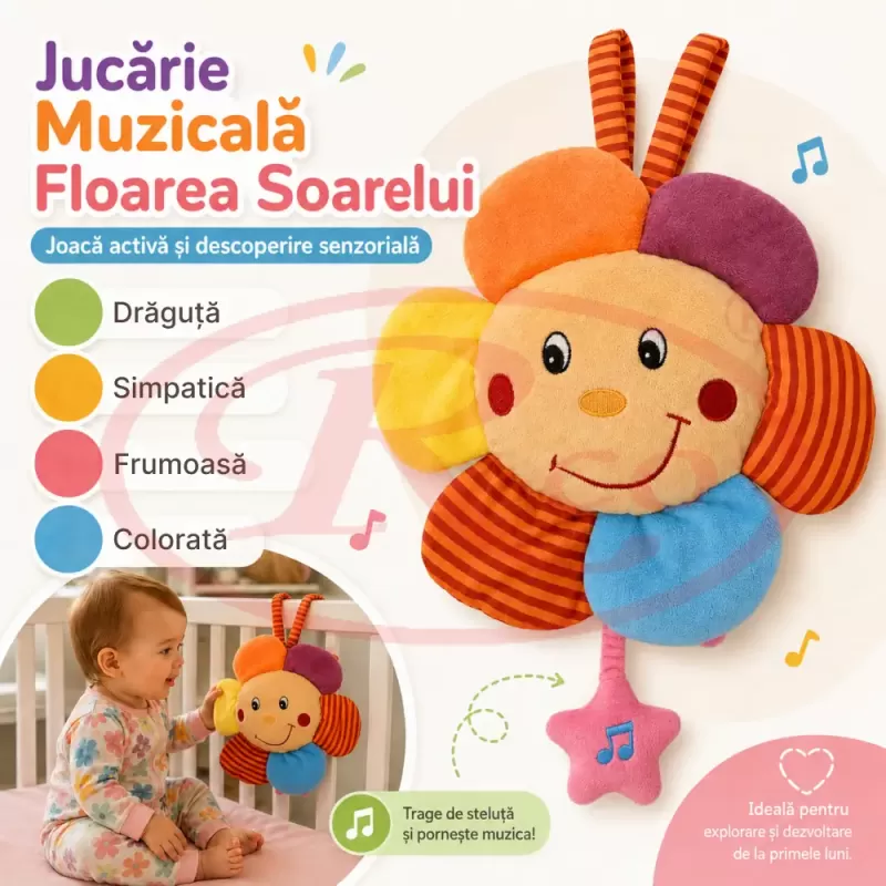 Jucarie muzicala din plus RCO cu agatatoare si activare delicata, 24cm, Floarea Soarelui