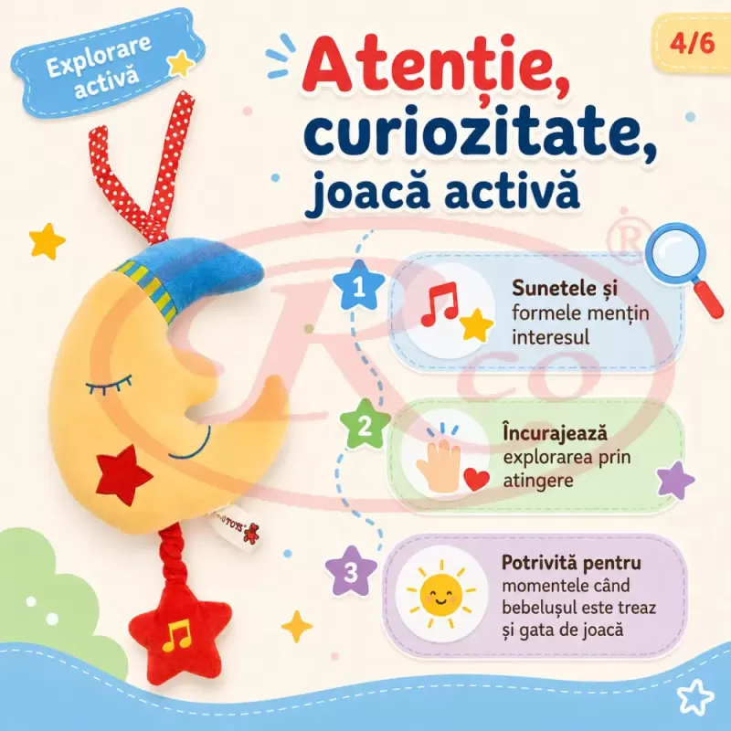 Jucarie muzicala din plus RCO cu agatatoare si activare delicata, 24cm, Luna