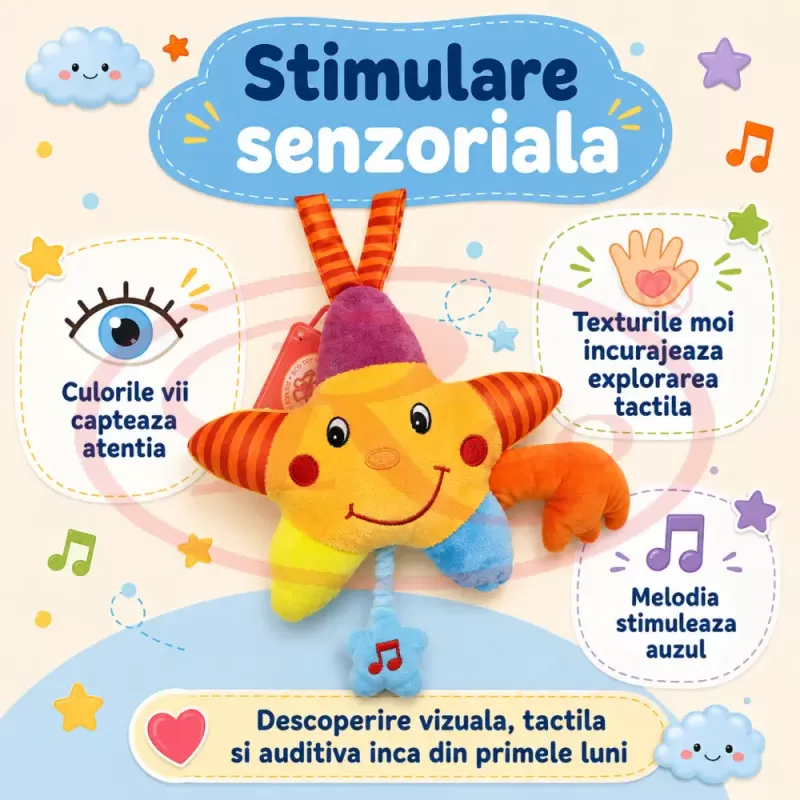 Jucarie muzicala din plus RCO cu agatatoare si activare delicata, 20cm, Steluta