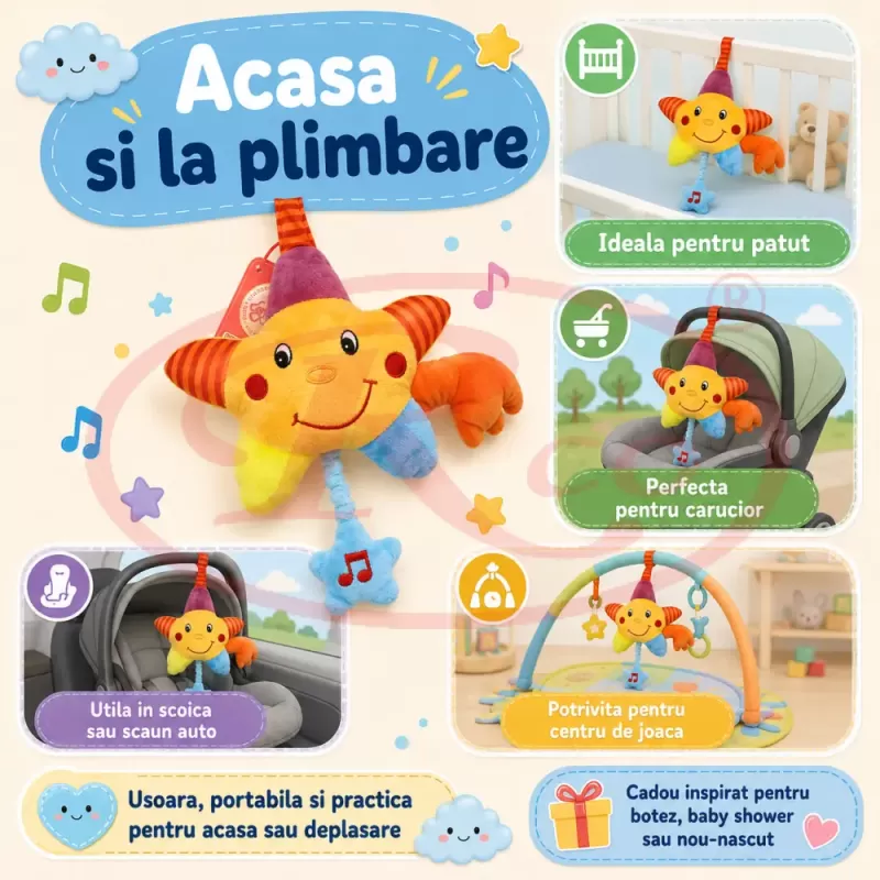 Jucarie muzicala din plus RCO cu agatatoare si activare delicata, 20cm, Steluta