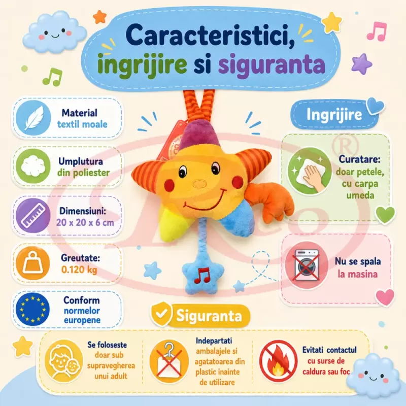 Jucarie muzicala din plus RCO cu agatatoare si activare delicata, 20cm, Steluta