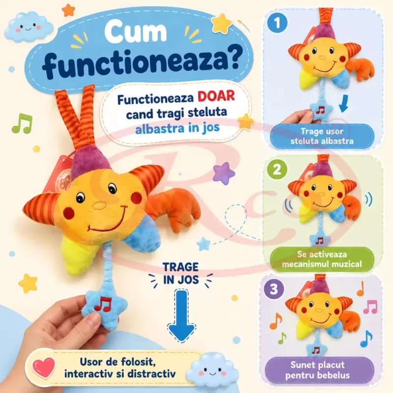 Jucarie muzicala din plus RCO cu agatatoare si activare delicata, 20cm, Steluta