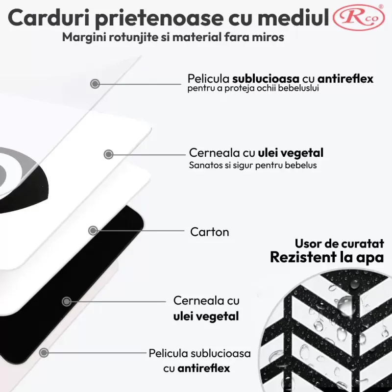 Set jucarii zornaitoare si carduri stimulare vizuala cu forme inovatoare, texturi diferite, + 0-3 luni