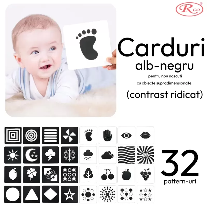 Set jucarii zornaitoare si carduri stimulare vizuala cu forme inovatoare, texturi diferite, + 0-3 luni