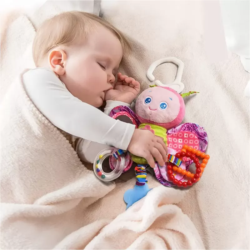 Jucarie zornaitoare din material textil pentru bebelusi, cu agatatoare, Fluture, unisex, +0