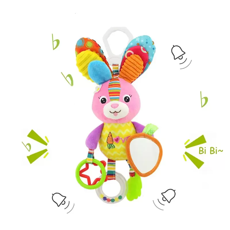 Jucarie zornaitoare din material textil pentru bebelusi, Iepure, cu agatatoare, unisex, +0