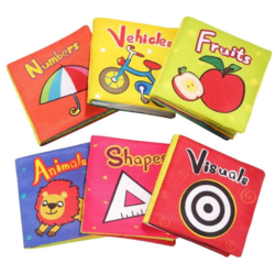 Set 6 carti textile senzoriale fosnaitoare pentru bebelusi + 6 luni, cu animalute dragute, numere, culori, vehicule, elemente grafice, 4 pagini, 8 fete, 12 x 12 x 4.5 cm