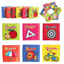 Set 6 carti textile senzoriale fosnaitoare pentru bebelusi + 6 luni, cu animalute dragute, numere, culori, vehicule, elemente grafice, 4 pagini, 8 fete, 12 x 12 x 4.5 cm