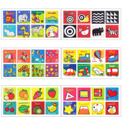 Set 6 carti textile senzoriale fosnaitoare pentru bebelusi + 6 luni, cu animalute dragute, numere, culori, vehicule, elemente grafice, 4 pagini, 8 fete, 12 x 12 x 4.5 cm