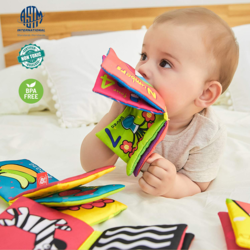 Set 6 carti textile senzoriale fosnaitoare pentru bebelusi + 6 luni, cu animalute dragute, numere, culori, vehicule, elemente grafice, 4 pagini, 8 fete, 12 x 12 x 4.5 cm