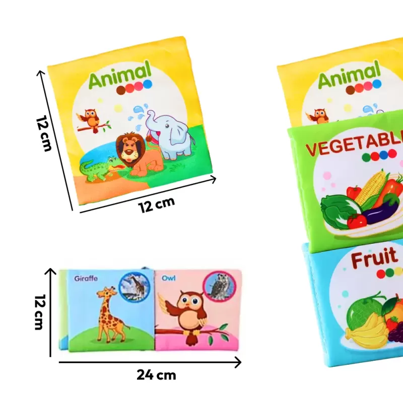 Carti senzoriale din material textil pentru bebelusi – set educativ cu fructe, legume si animale, +6 luni