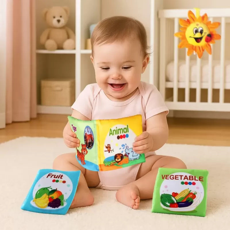 Carti senzoriale din material textil pentru bebelusi – set educativ cu fructe, legume si animale, +6 luni